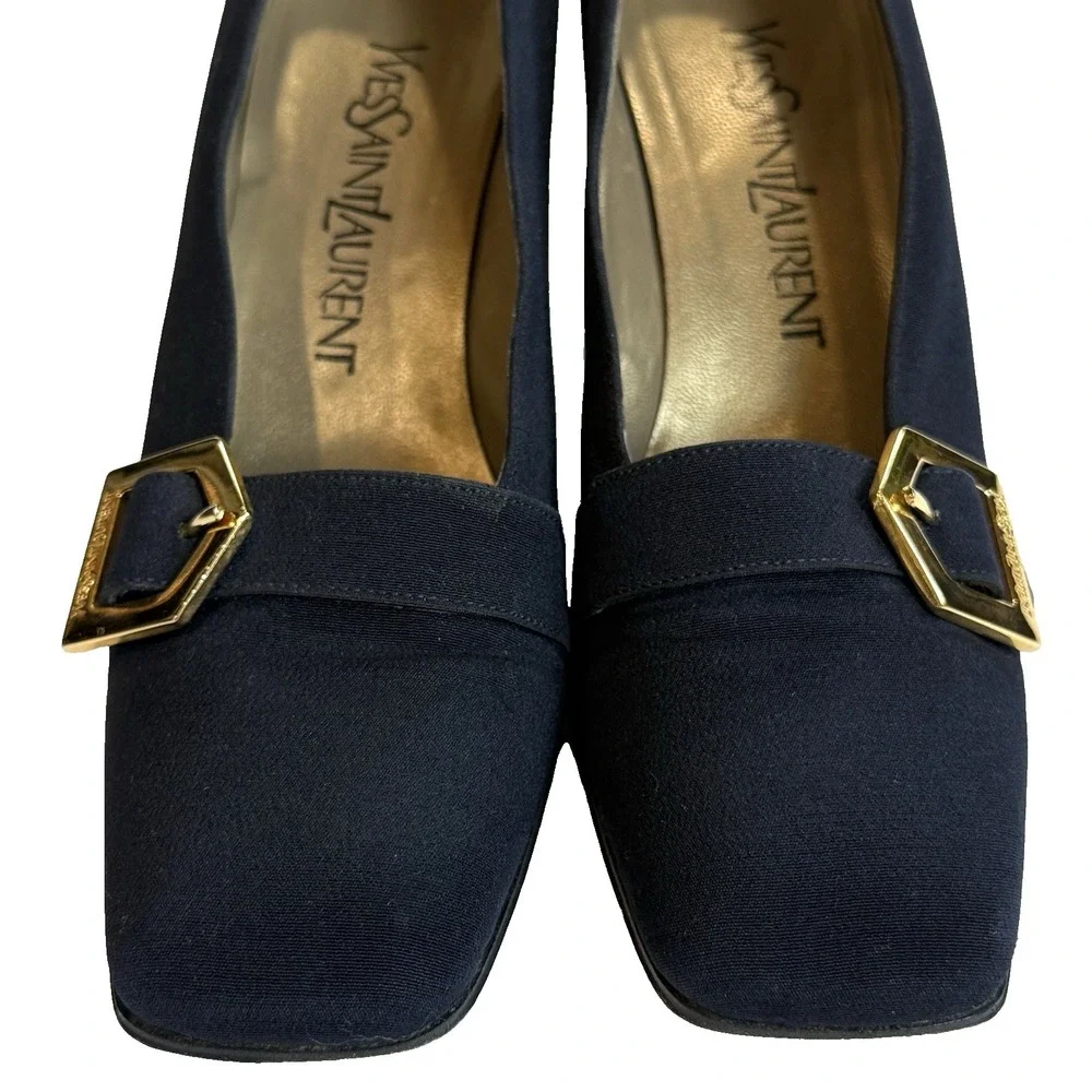 Vtg Yves Saint Laurent Buckle Pump Block Heel Women US 7 N EU 37 Navy Blue Gold - Picture 4 of 12